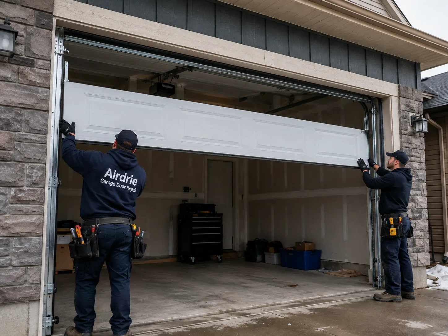 New insulated steel garage door being installed on a residential home
